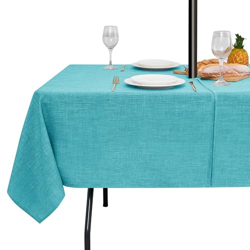 LUSHVIDA Outdoor Tablecloth with Umbrella Hole - Patio Table Cloth Zippered Rectangle 60x120 Inch, Teal Linen-Look Polyester Table Cover Water Resistant for Picnic Outside