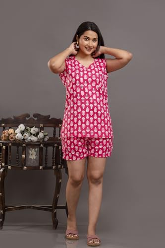 Image of Women's Cotton Printed Night Suit Set of Top & Shorts Sleeveless Women's Lounge Wear Set