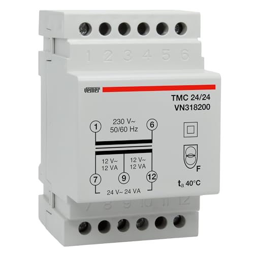 VEMER VN318200 TMC 24/24 - Transformator für Hutschienen mit Primärspannung 230V Trafo mit Sekundärspannung 12-24V und Leistung 24VA Weiß