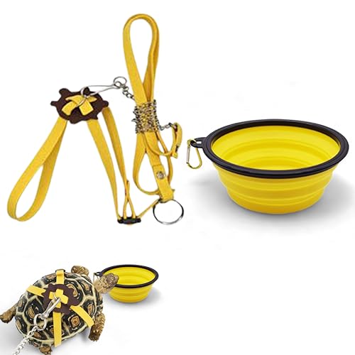 Image of Tortoise Harness and Leash with Folding Bowl, Adjustable Turtle Harness Leash and Portable Food Water Bowl, Outdoor Training Accessories for Small Pets Turtle Lizard Reptile Pet Tortoise Toys (Yellow)