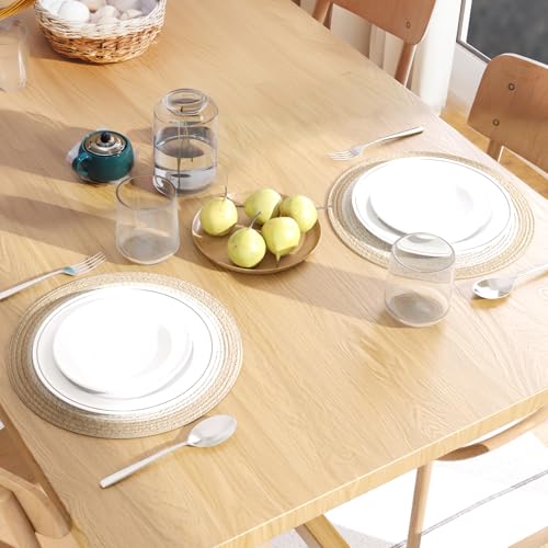 Image of Dining Table Mats Set of 2 | Cotton Table Mat 32 cm Diameter, Encasa XO Washable Round Table Mats, Heat Resistance Dining Table Placemats, Handmade Ribbed Style for Centre Table, Off White & Beige