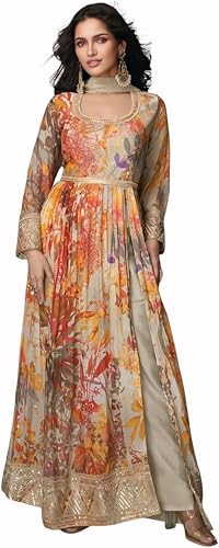 RC FASHIONS Anamika Collection Georgette Anarkali Suit, Embroidered Front and Back, Floor Length, Net Dupatta (US, Alpha, X-Large, Regular, Regular, Yellow-Orange Mix)