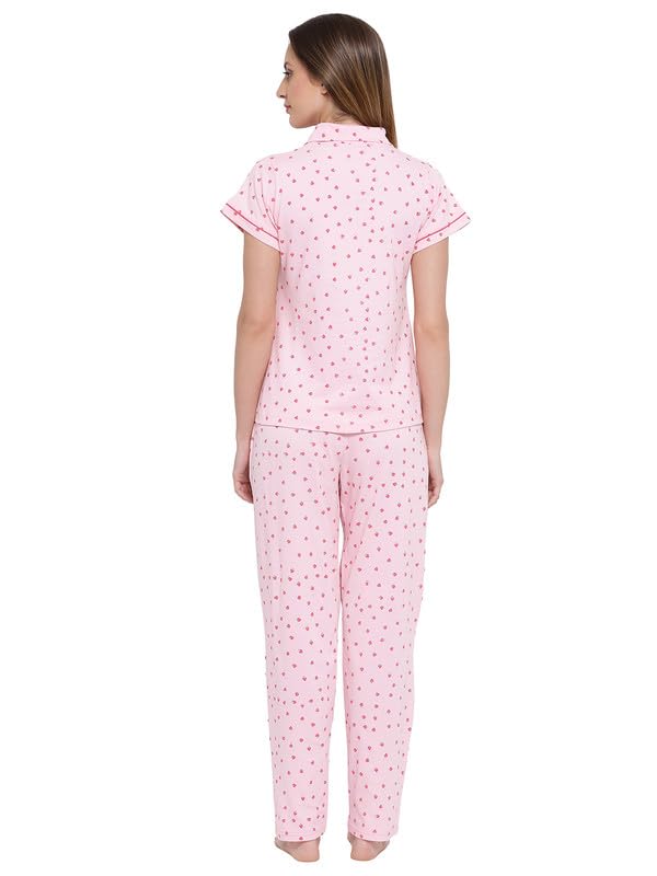 Image of Clovia Women's Cotton Printed Button Down Shirt & Pyjama Night Suit Set