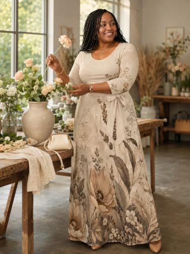 Image of PinkPatty Women's Plus Size V Neck 3 /4 Sleeve Boho Maxi Dress with Pockets