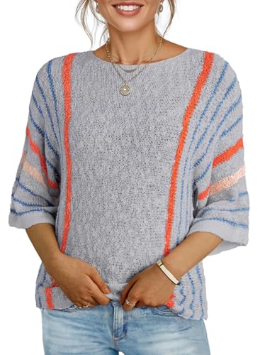 Image of Dokotoo Womens 2026 Spring Summer Casual Crewneck 3 /4 Sleeve Striped Lightweight Knit Trendy Boho Tops Pullover Sweaters