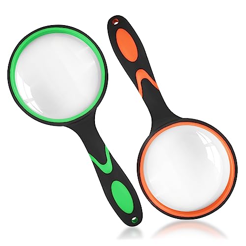 Fousenuk 2Pcs Lupa de Mano 65mm, Lupas de Gran Aumento Con Mango de Goma Antideslizante, Inastillable Lente de Aumento para Personas Mayores, Niños, Lectura, Manualidades, Libros, Insectos, Inspección