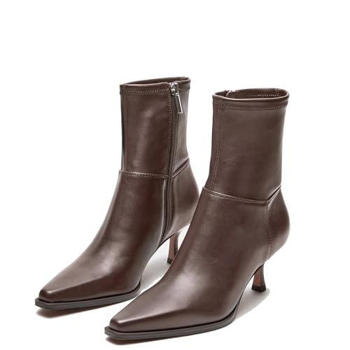 Image of Womens Brown Suede Fall Boots with Side Zip, Ankle, Mid Calf, Pointed Toe, Kitten Heel, Dressy, Short Boots