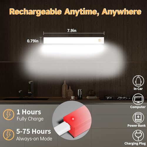 YLUIQDZL 6 Pack Under Cabinet Light,Motion Sensor LED Lights with Magnetic 8 inch，Rechargeable Indoor Wireless Closet Lights for Stairs Cabinet,Kitchen - image 4