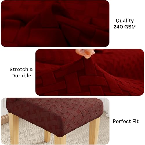 Image of Lukzer Elastic Dining Chair Cover - 2PC Pastel Deep Maroon Basket Weave | Textured High Stretch Jacquard Seat Cover | Removable Washable Short Dining Chair Cover Protector Seat Slipcover | (CC-116-2)