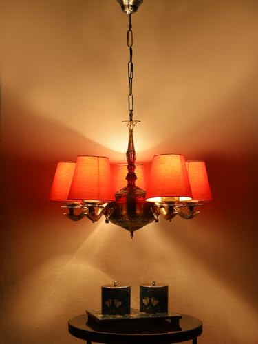 Image of Devansh 05 Lights Orange conical Cotton Shade with Antique Golden Chandelier