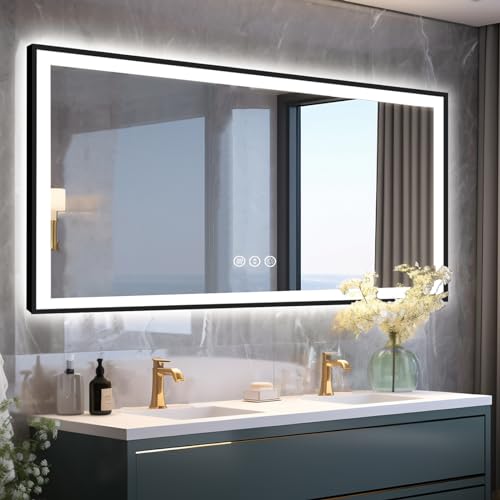 72x36 Lighted Mirrors for Bathroom Wall, Modern Rectangle Matte Black Mirror, Tempered Glass,Double Lights, 3 Colors Dimmable Temperature, IP54 Enhanced Anti-Fog, Memory (Horizontal/Vertical)