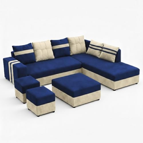 Image of Stova Luxe Velvet-Suede Fabric 8 Seater RHS Sofa Set | with 2 Ottomans& Centre Table| Comfortable & Spacious Seating | Modern Sofa Set for Living Room - Dark Blue & Cream