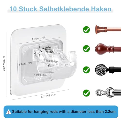 Image of Pack of 10 Self-Adhesive Curtain Rod Holders, Nail-Free Adjustable Rod Holders, Towel Rods, Hooks, Curtains Hooks Holder for Living Room, Bedroom, Bathroom, Hotel Pipe HOLDER-10