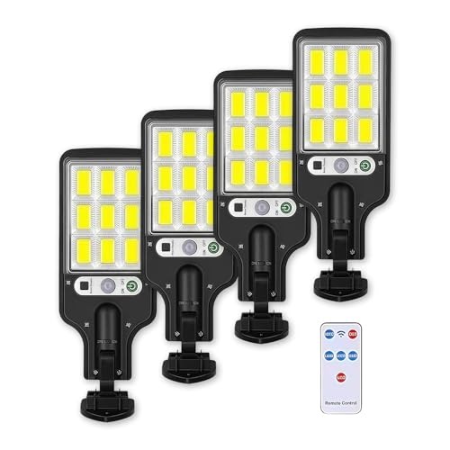 PLMOKJD Solar Street Lights Outdoor, Solar Lights Outdoor Wide Angle Solar Flood Lights Motion Sensor Dusk to Dawn Remote Control Waterproof IP66, Parking Lot Lights Commercial for Yard (4)