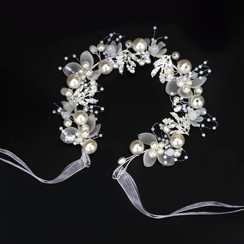 Semato Flower Girl Headpiece for First Communion Headpiece Princess Tiara Crown with Rhinestone and Pearl Headband Floral Wedding Prom for Girls and Women (Silver)