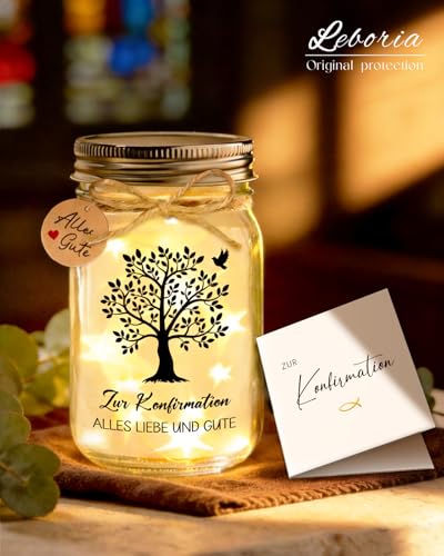 Leboria LED Flaschenlicht Geldgeschenk Konfirmation mit Konfirmationskarten, Lebensbaum Geld Konfirmation Geschenk, Geschenke zur Konfirmation Mädchen Jungen, Konfirmationsgeschenke für Jungs Mädchen