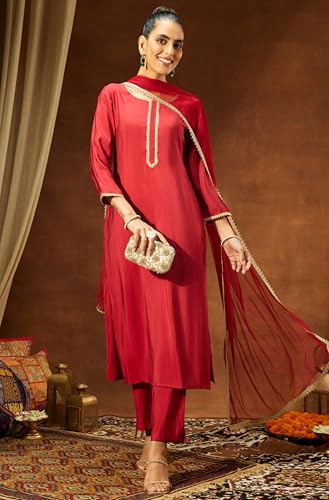 Image of Janasya Women's Chanderi Silk Yoke Design Straight Kurta Set