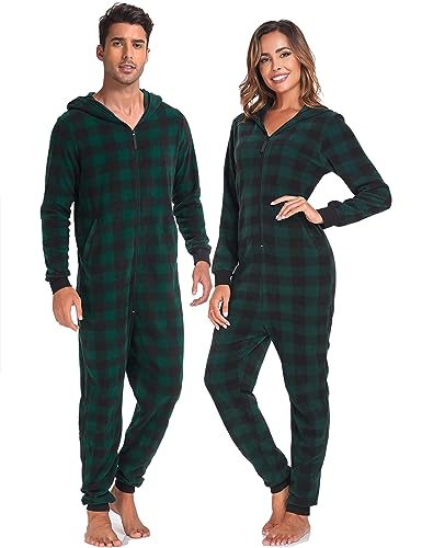 COLORFULLEAF Couples Matching Christmas Pajamas for Family Hoodie Fleece Onesie Plaid Union Suit Full Zipper Jumpsuits