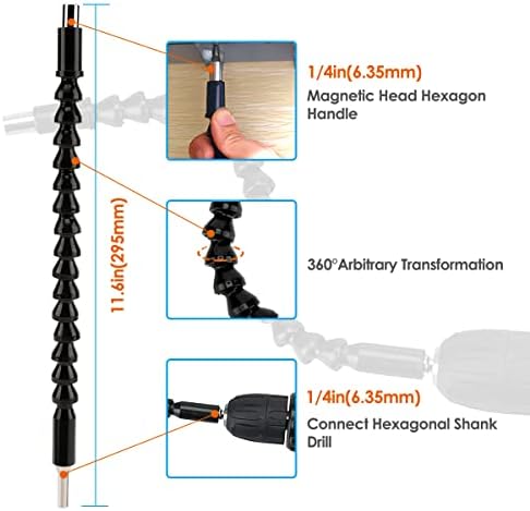 Xakay Flexible Drill Bit Extension Screwdriver Set, Universal Socket Adapter Wrench Tool Set 1/4 3/8 1/2 Inch, Hex Shaft Screw Power Drill Connection Tip + 105° Right Angle Screwdriver Set, 24PCS