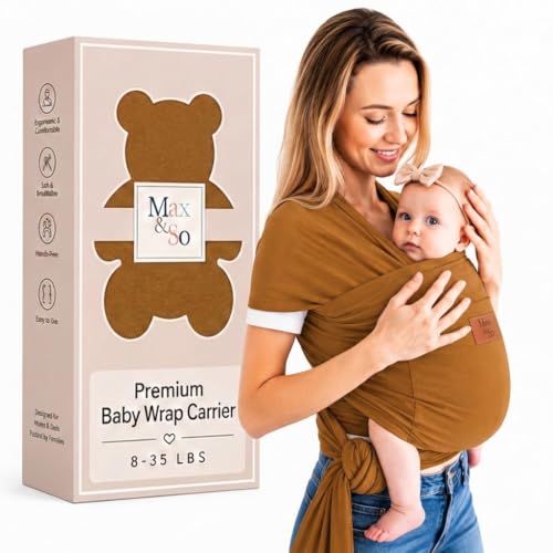 Baby Wrap Carrier - Breathable Cotton Newborn to Toddler Carrier 8-35 lb - Secure Postpartum Baby Holder with Front Pocket by Max&So (Brown)