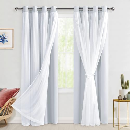 Hiasan Greyish White Blackout Curtains with Sheer Overlay, Grommet Thermal Insulated Mix & Match Double Layer Window Curtains for Bedroom, Living Room, 2 Drape Panels Sewn with Tiebacks, 52W X 84L