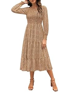 Zattcas Damen Herbstkleider 2025, lässig, langärmelig, gesmokt, Boho-Stil, Blumenmuster, Midi-Kleid für Hochzeitsgäste mit Taschen, Kaffeebraun, Groß