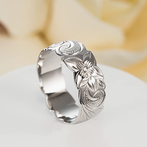 Aloha Jewelry Company 925 Sterling Silver 8mm Hawaiian Princess Plumeria Flower Scroll Promise Ring Stackable Wedding Engagement Band, Nickel Free Hypoallergenic for Sensitive Skin, Gift Box Included2