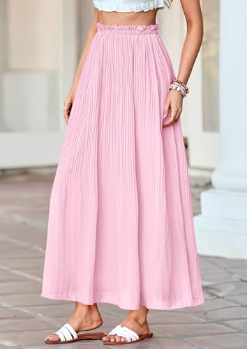 PRETTYGARDEN Pleated Midi Skirts for Women 2026 Flowy Summer Beach Vacation High Waisted Chiffon Boho A-Line Long Skirt(Pink,XX-Large) — view 3