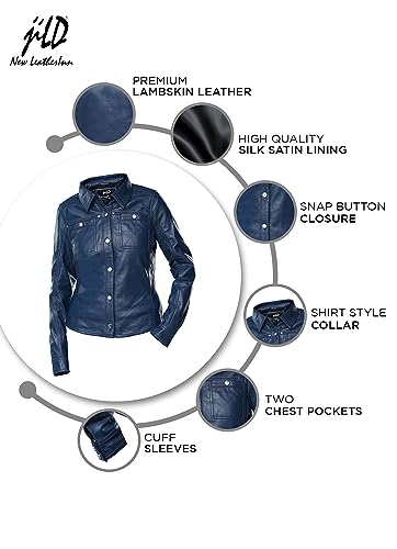 Womens Button Front Lambskin Leather Jacket Shacket - Casual Shirt Long Sleeve Leather Jacket Women With Bust Pocket (Blue-L) #TOP4