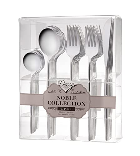 Decor Decorline - Ensemble de couverts réutilisables en plastique robuste - 40 pièces - Chacun avec 16 fourchettes, 8 couteaux, 8 cuillères et 8 cuillères à dessert - Noble Collection - Argenté