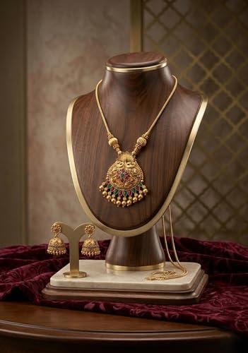 Image of Traditional Gold-Plated Lakshmi Temple Pendant Necklace Set for Women | Antique South Indian Jewelry with Jhumka Earrings | Ethnic Bridal, Wedding & Festive Jewelry Set