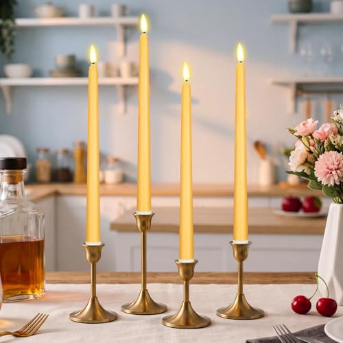 Image of Handepo 48 Pack Flameless Taper Candles Realistic with Flickering Candlelights Plastic 11 Inch Last Long Battery Operated Window Candlestick for Halloween Christmas (Yellow)