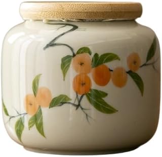 Tea Cans Hand-Painted Distant Mountains, Green Bamboo, Persimmon Tea Cans, Small Ceramic Sealed Tea Cans, Moisture-Proof Home Use Tea Storage Jar(A)
