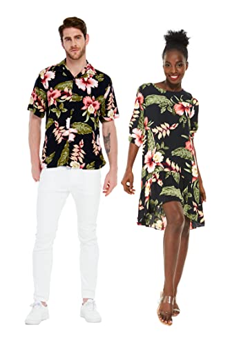 Matchable Couple Hawaiian Luau Shirt or 3/4 Sleeve Ruffle Dress in Black Rafelsia