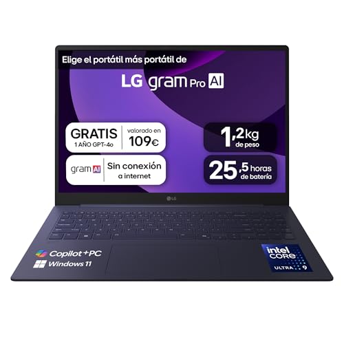 LG gram Pro 16Z90TS G.AU99B Ordenador Portátil 16 Pulgadas, Intel Core Ultra 9 288V, 32GB RAM, 1TB SSD, Pantalla IPS Antirreflejo, 1.239 g, 25.5 Horas, W11 Home, Gris metalico, Teclado QWERTY Español