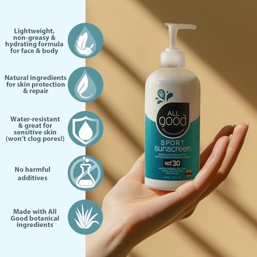 Image of All Good Sport Mineral Sunscreen Lotion - Coral Reef Friendly, Water & Sweat Resistant, Face & Body, UVA /UVB Broad Spectrum SPF 30+ (16 oz Pump)