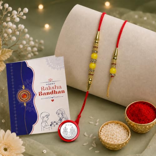 Image of Oblivion Bhai Bhabhi Designer Rakhi Lumba Pcs Set of 2 with Silver Pooja Coin, Greeting Card, Lumba Rakhi for Bhabhi - Rakhi Gift for Bhai & Bhabhi
