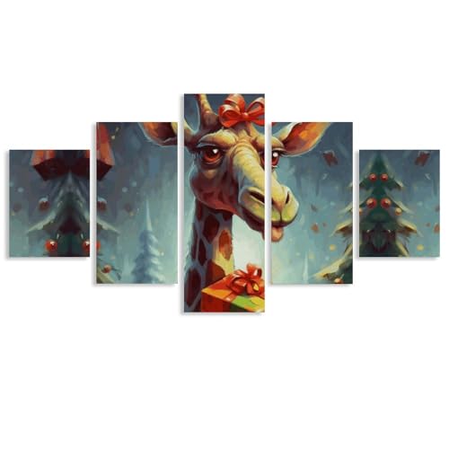 Peinture sur toile 5 panneaux girafe cadeau - Décoration murale moderne encadrée salon