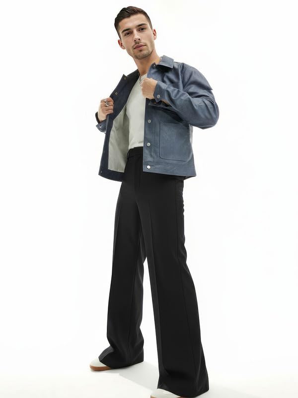 Image of FUGAZEE Black Highwaisted Bell Bottom Trousers for Men | Soft Cotton Twill Fabric | Wide Flared Bottom Pants | Regular Rise with Belt Loops | Retro 70s Style Streetwear Fashion