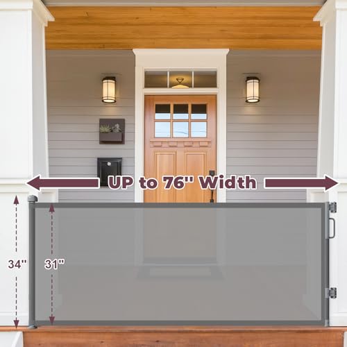 Image of 76 inch Retractable Baby Gates Extra Wide, Mesh Long Dog Gate for Deck | Indoor Outdoor Stair Gate for Wide Openings Doorways Hallways Porch, Child Pet Safety Essentials for Home, Grey