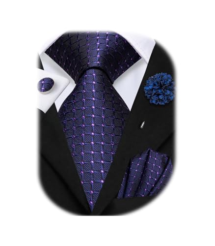 Image of Hi-Tie Men Silk Ties Set with Flower Lapel Pin Necktie Pocket Square Cufflinks for Tuxedo Wedding Business