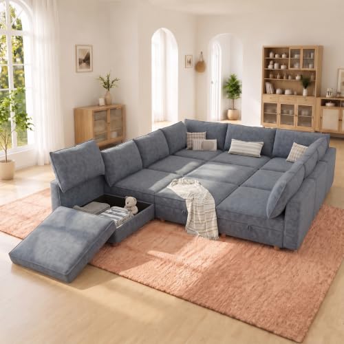 Image of 99 inch Chenille Modular Sofa Bed with Washable Covers & Storage, 10-Seater Modular Sectional Sleeper Sofa Bed with Movable Ottoman Chaise, Convertible Sleeper Sectional Couches for Living Room, Gray