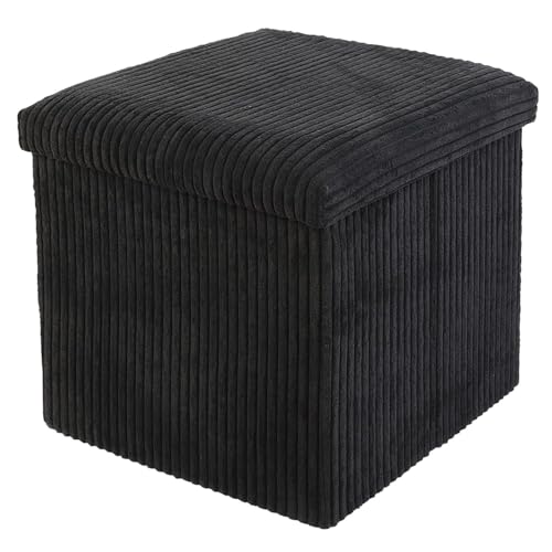 Image of DANIEL JAMES Housewares Folding Ottoman Storage Cube – Compact Padded Footstool Storage Box Chest with Lid for Bedroom, Hallway, Living Room - Corduroy: Black