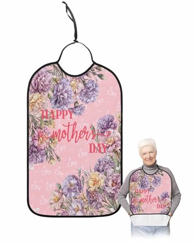 LEOKOTI Happy Mother's Day Adult Bibs for Eating, Waterproof Bibs with Food Catcher & Adjustable Snap Closure, Pink Love Heart Purple Spring Floral Washable Clothing Protectors Adult Bibs for Elderly