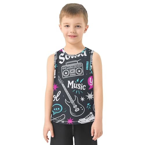JUNZAN Music Doodle Black White Boys Tank Top Sleeveless Teens Vest Basketball Tshirt for Basketball Sports Beach 3T2
