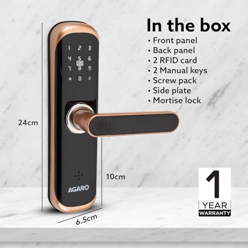 Image of AGARO Grand Smart Door Lock with Handle, Auto Lock, Unlock with Finger Print /RFID Card /PIN Access /App with Bluetooth /Manual Key Access, Digital Door Lock, Anti-Theft Lock, Home Safety, Rose Gold