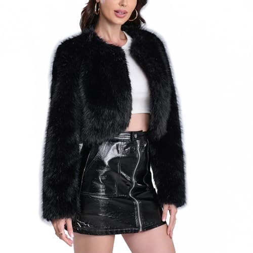 Women's Faux Fur Cropped Coat Long Sleeve Open Front Winter Jacket