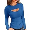VICHYIE Womens Tops Fall Clothes Ribbed Knit Slim Fitted Long Sleeve Tee Shirts One Piece Cutout Tops,Blue M