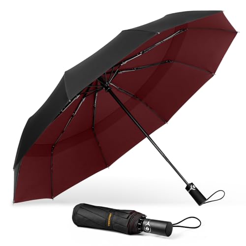 TECKNET Paraguas Plegable, Antiviento Sombrilla con Doble Cubierta para Hombres, Automático Abierto y Cierre, Ligero Portátil, Viaje Grandes Umbrella de 10 Varillas, Rojo y Negro