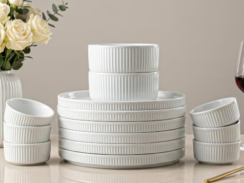Image of Bodhi House 14-Piece Ribbed Porcelain Dinner Set for 6, White Dinnerware Set with Dinner Plates, Katori & Serving Bowls, Chip Resistant, Lightweight, Microwave & Dishwasher Safe Crockery Set